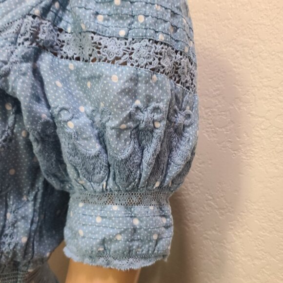 LOVESHACKFANCY JAISLYN BLUE BONNET POLKA DOT SMOCKED WAIST MINI DRESS sz XS - Picture 6 of 8